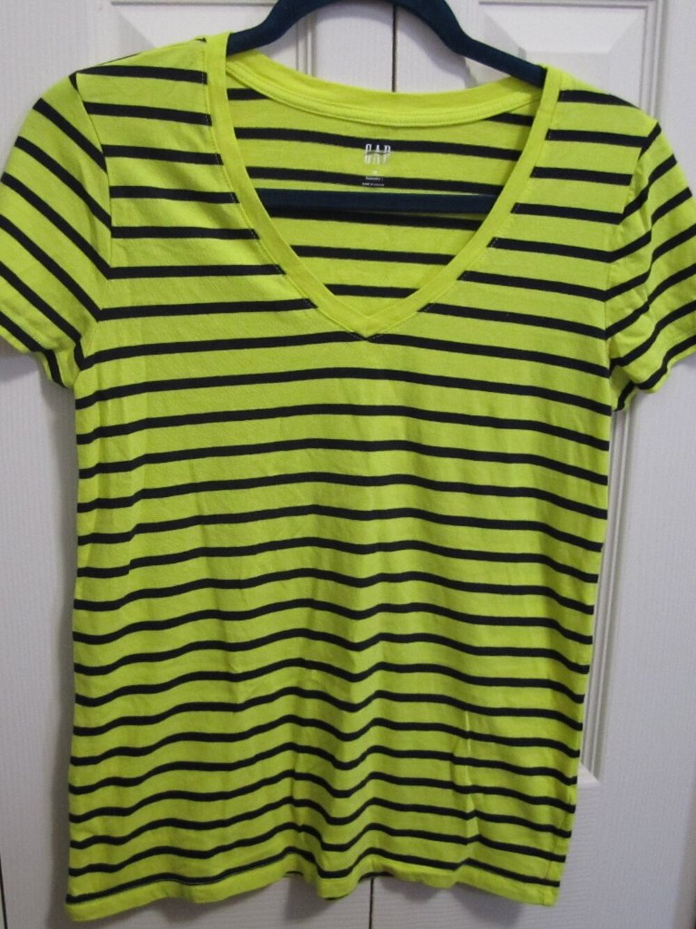 GAP Bright Yellow and Black Striped V-Neck Tee